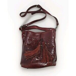 Patricia Nash Red Leather Tooled Tassels Crossbody Handbag Shoulder Satchel